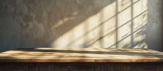 Fototapete - A wooden table with a soft window lit wall background and subtle shadows creates a serene ambiance for your copy space image