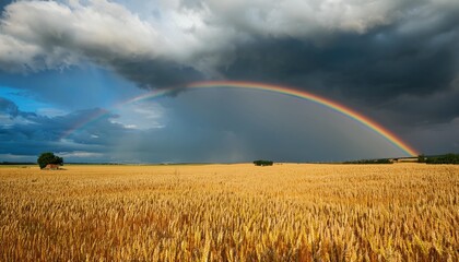 Sticker - thunderstorm with rainbow and dramatic clouds over wheat field in summer