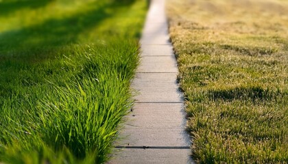 Sticker - sidewalk with green fescue on one side and brownish bermuda grass on the other side in the springtime