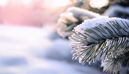 Poster - winter fir pine bough detail with snow and frost dramatic natural light stunning background nature photo with short depth of field