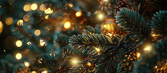 Poster - A festive Christmas tree branch with twinkling yellow lights on garlands creates a merry holiday atmosphere in a close up copy space image of street decorations