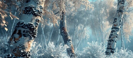 Poster - Explore the enchanting beauty of frost on the trees with this captivating image of a birch tree adorned in a frosty gown offering a picturesque copy space image