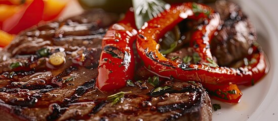 Poster - A detailed photo focusing on a plate of savory grilled steak complemented by roasted peppers and garlic with a blank space for text or other elements as a copy space image