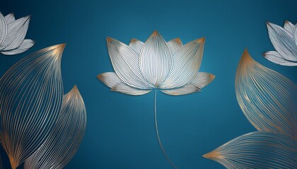 Poster - luxury lotus flower background elegant white lotus flowers golden line art leaves gradient color on blue generative ai