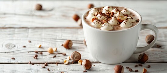 Poster - Hazelnut hot chocolate in a white mug with a generous amount of hazelnuts on a white wooden surface featuring an area for additional images