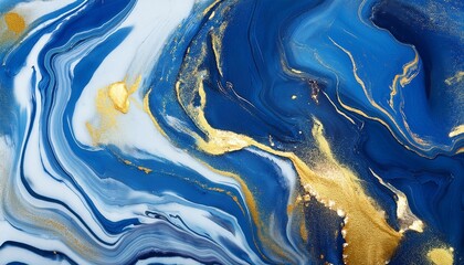 abstract blue marble texture with gold splashes liquid paint art