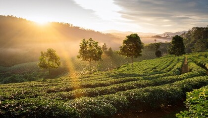 Sticker - coffee plantation in the morning with sunlight