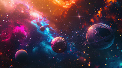 Wall Mural - Cinematic whimsical photography of colorful galaxy with colorful and bright nebulas as well us different planets with different terrains