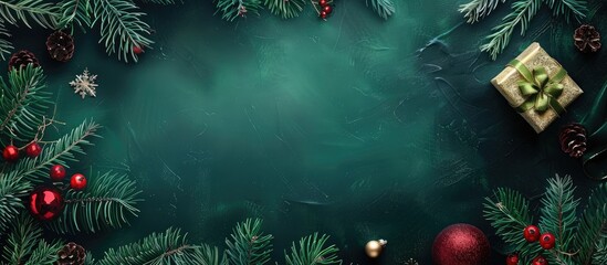 Poster - Top view of a dark green banner background adorned with fir branches a gift red and gold ball creating a festive Christmas ambiance for a copy space image