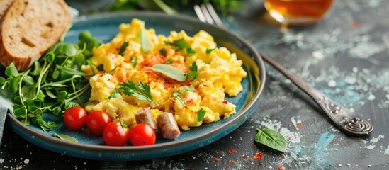 Canvas Print - Scrambled eggs with vegetables sausages herbs cherry tomatoes bread in a picturesque plate setting with copy space image