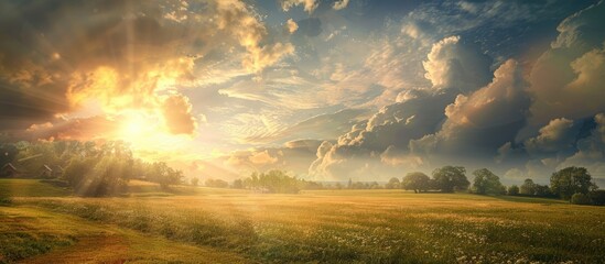 Aufkleber - Village under a dramatic sky with soft sunlight creating a panoramic cloudscape image with ample copy space for design resources representing meteorology hope and peace