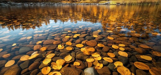 An untouched wilderness river has transparent, clean, clear water.