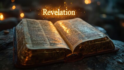 An open Bible with the word Revelation glowing above it, with golden rays emanating from its pages