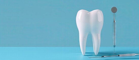 Poster - White dental tooth model and dentistry tools for teeth care against a blue background depicting oral hygiene Includes copy space image for text placement