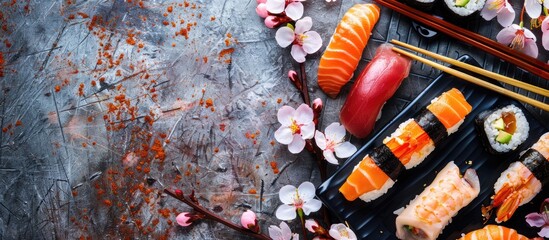 Poster - Japanese food culture highlighted on a table with cherry blossom branch and chopsticks offering enough copy space image