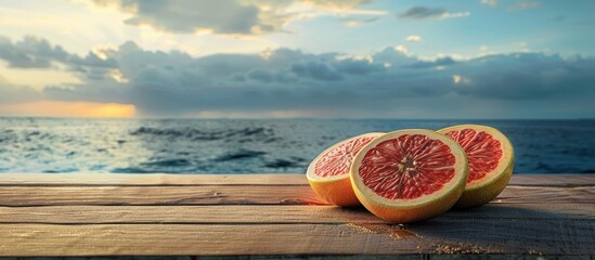 Poster - Fresh grapefruit halves on a wooden table with a backdrop of sea and sky provide a scenic copy space image for food and drinks