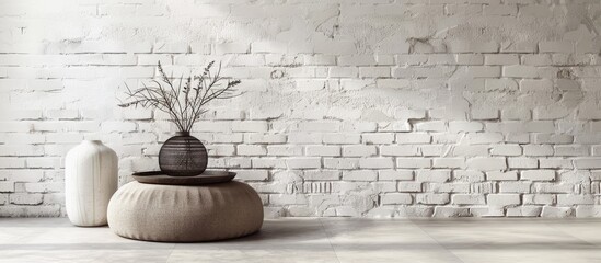 Poster - Table with vase and pouf beside white brick wall featuring copy space image