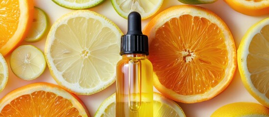 Poster - Top down view of a beauty serum dropper surrounded by citrus fruit slices like lemon and orange with ample space for creative images Rich in fruit acids Vitamin C it serves as a natural anti aging and