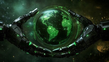 Poster - This illustration shows a miniature hologram of planet Earth. Technology and innovation. The global impact of Stock.