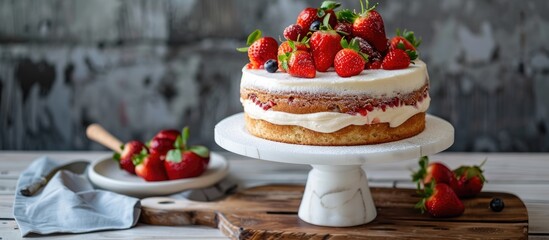 Aufkleber - Delicious homemade strawberry cake with summer fruits cream cheese frosting and sugar dust on a white marble stand and wooden table perfect for a summer berry dessert Includes copy space image