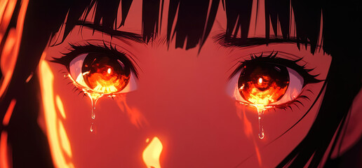 Wall Mural - Close-up of two anime girls' eyes, glowing with dark energy and tears flowing down their cheeks in an emotional scene