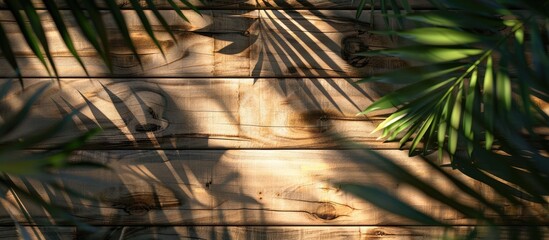 Poster - Wooden background with blurred palm leaves casting shadows perfect for a copy space image