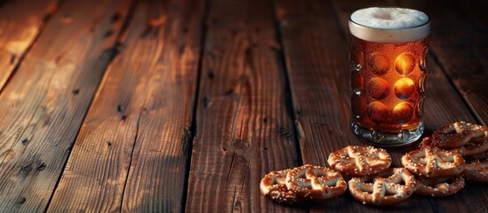 Poster - Wooden table with a glass of beer pretzel crackers and copy space image available