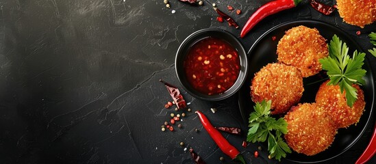 Poster - Risol or rissoles served with chili sauce ideal for recipes articles catalogs promotions or any cooking content with a copy space image