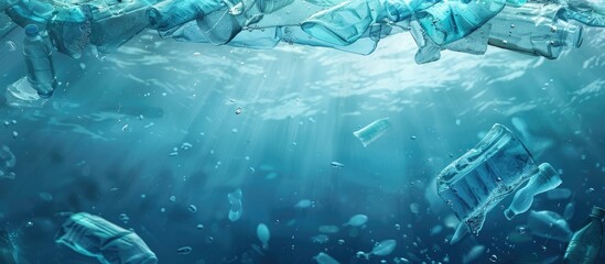 Poster - Plastic waste pollutant submerged underwater against a backdrop of the blue sea creating an environmental pollution concept with a copy space image