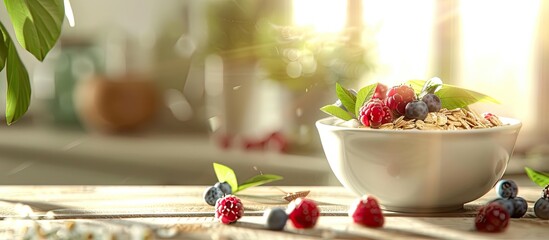 Poster - Healthy breakfast consisting of oat muesli served with yogurt topped with fresh berries Ideal for a nutritious meal Featuring a delightful arrangement on a copy space image