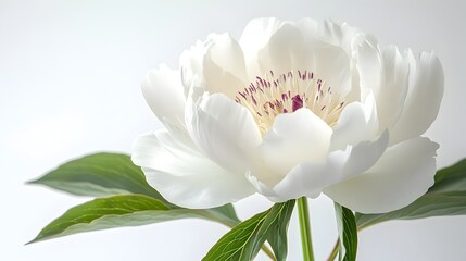 Wall Mural - Breathtaking White Peony Flower in Bloom Surrounded by Lush Green Leaves