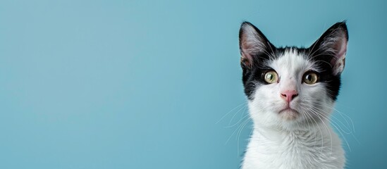 Poster - A cat with black and white fur is pictured against a blue and white backdrop in a copy space image