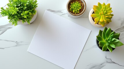 Poster - A white piece of paper sits on a table next to a potted plant. The plant is a succulent, and there are several other potted plants in the background. The white paper is blank, and the scene is simple