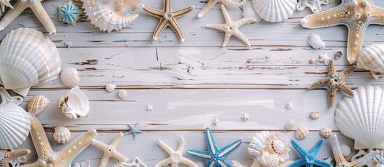 Canvas Print - Table adorned with marine themed decorations set against a light wooden backdrop featuring a copy space image