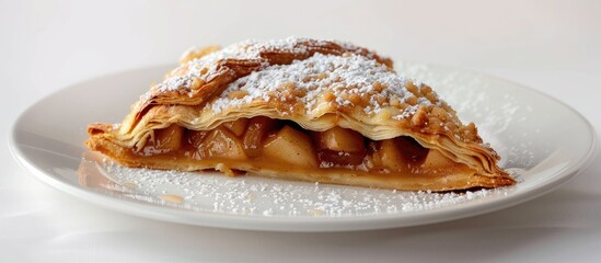 Poster - A white plate holds an apple pie danish featuring apple filling powdered sugar crumble and set against a white background with copy space image