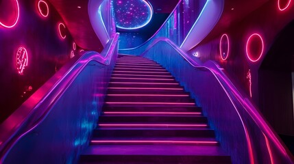 Canvas Print - Enchanting Staircase in Neon Gradient Illumination