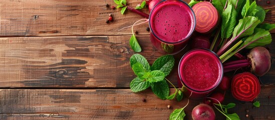 Poster - Flat lay composition with a glass of fresh beet juice ripe vegetables and mint displayed on a wooden table with ample copy space for text in the image