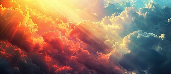 Wall Mural - Rays of sunlight filter through vibrant clouds creating an awe inspiring copy space image