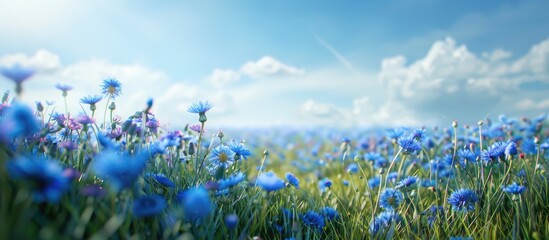 Poster - A rural landscape displaying blooming Cornflowers during the summer season in a scenic setting with copy space image