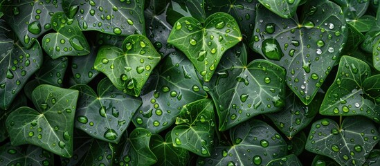 Poster - Close up macro shot of rain kissed ivy leaves serving as a nature background for design with a freshness concept providing a copy space image
