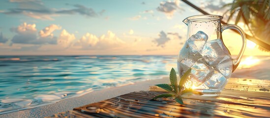 Aufkleber - Wooden table top with a tropical beach backdrop featuring a large water jug filled with ice Ideal for showcasing food drinks and products with available copy space image