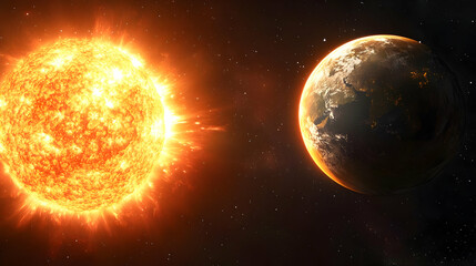 Wall Mural - A fiery sun dominates the space scene, with Earth appearing small in the distance.