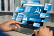 © GamePixel - Businessman use artificial intelligence AI technology for enhanced work efficiency data analysis and efficient tools, Unlocking work potential with AI solutions chatbot help solve work problems.