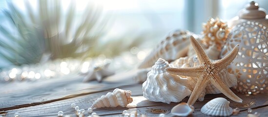 Fototapete - A summer themed setting with seashells or starfish on a table providing a backdrop for text in a copy space image