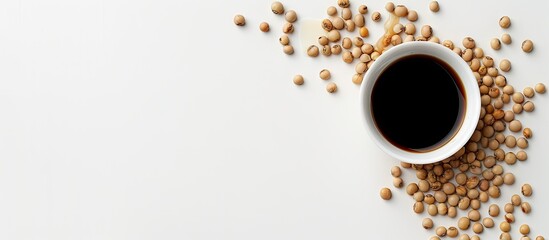 Poster - White background with a copy space image featuring soy sauce and soybeans