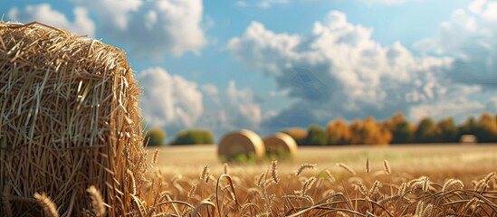 Poster - Copy space image of a rural field post harvest showcasing straw bales Perfect for agricultural background portraying the essence of summer and autumn harvest
