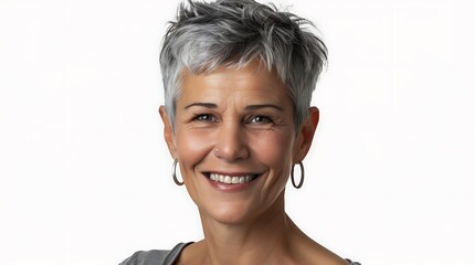 Poster - A smiling woman with short gray hair and earrings, exuding warmth and confidence.