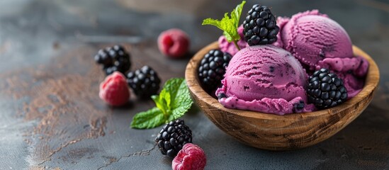 Aufkleber - A summer dessert showcasing blackberry ice cream in a rustic wooden bowl adorned with fresh berries a sprig of mint and a captivating copy space image