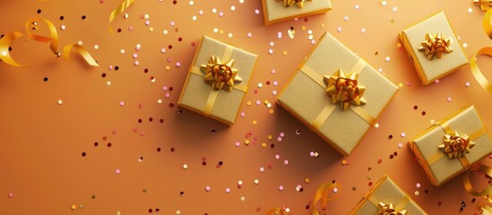 Aufkleber - Top view of golden gift boxes alongside confetti on a colorful backdrop with copy space image