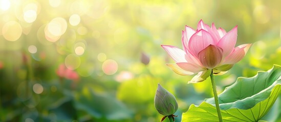 Poster - A blooming pink lotus flower set against a blurred green backdrop is showcased in this captivating copy space image